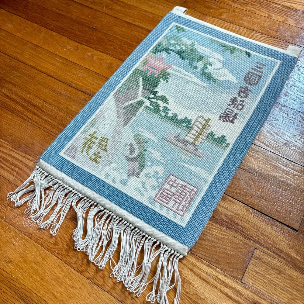 Vintage Chinese Silk Wall Hanging Rug Water and Boat Landscape Fringed Tassels